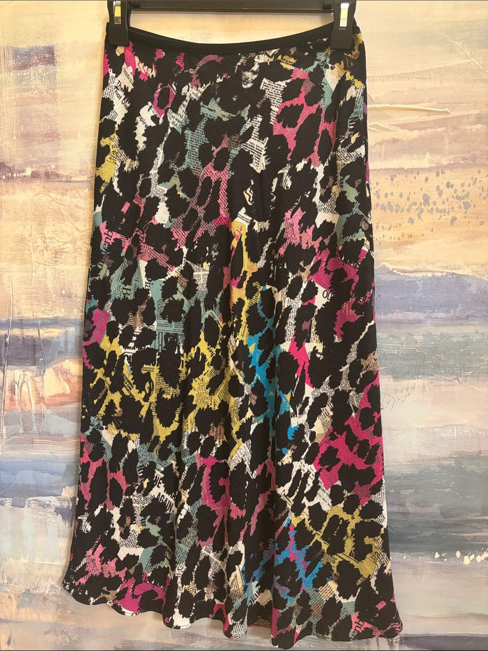 Diane Von Furstenberg Black Midi Skirt with Pink, Yellow & Blue Animal Print